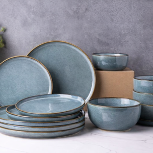 Handcrafted Stoneware Reactive Glaze Ceramic Dinner Set, 20 Pieces Serving for 6, Microwave and Dishwasher Safe, Bone-ash Free, Crockery Set for Dining and Gifting, Greenish Blue