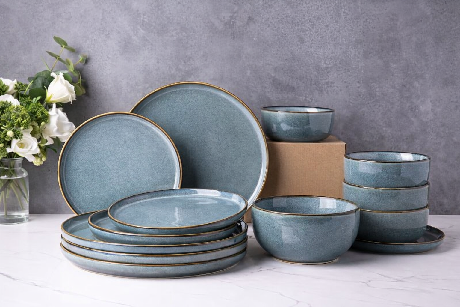 Handcrafted Stoneware Reactive Glaze Ceramic Dinner Set, 20 Pieces Serving for 6, Microwave and Dishwasher Safe, Bone-ash Free, Crockery Set for Dining and Gifting, Greenish Blue